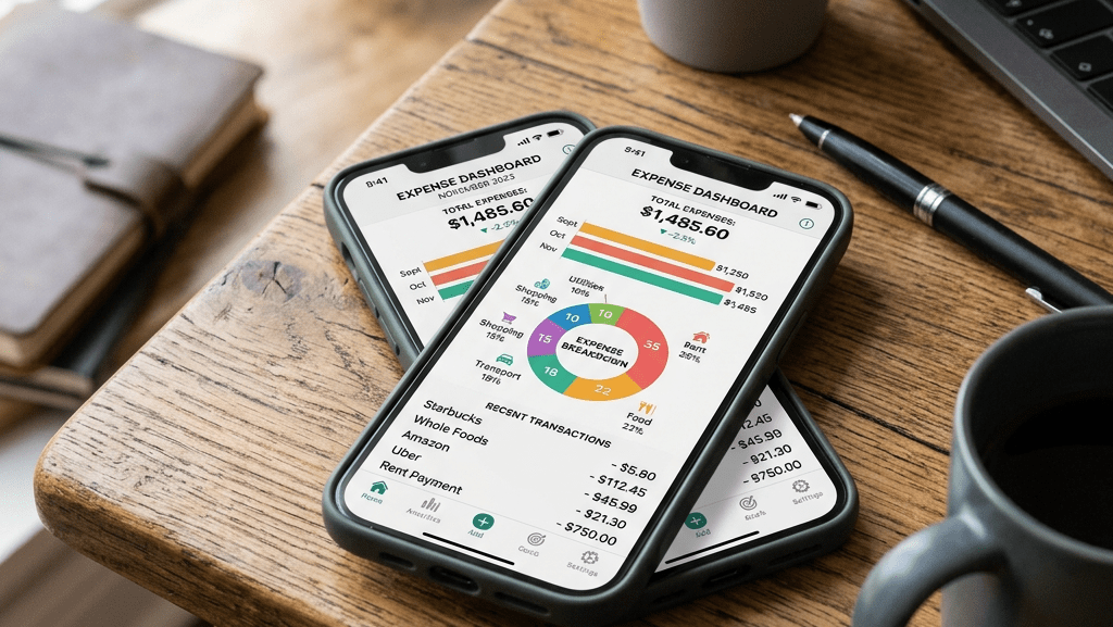 Two smartphones showing an expense dashboard with total expenses and expense breakdown charts