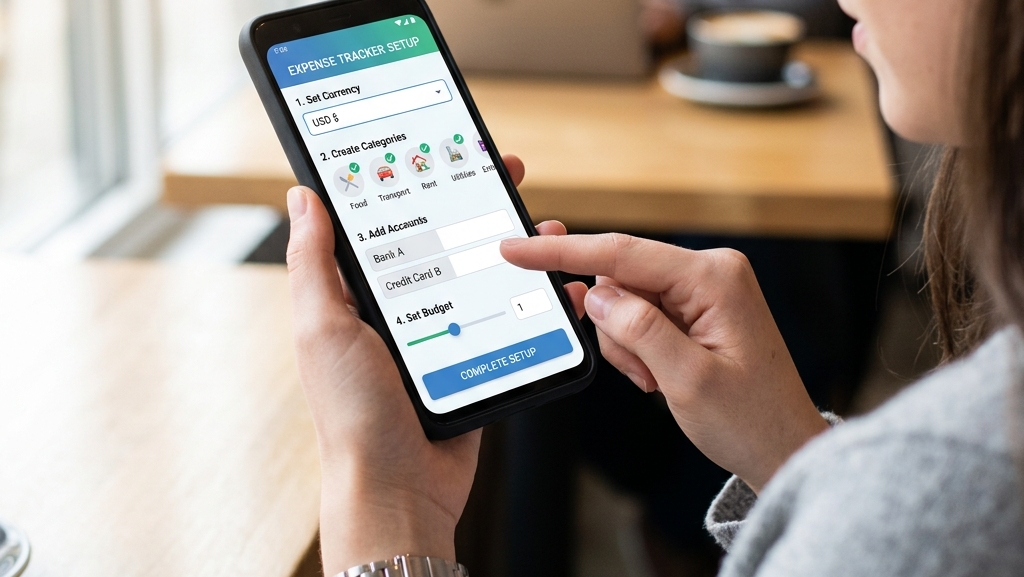 Mobile phone screen showing expense tracker setup with currency, categories, accounts, and budget options